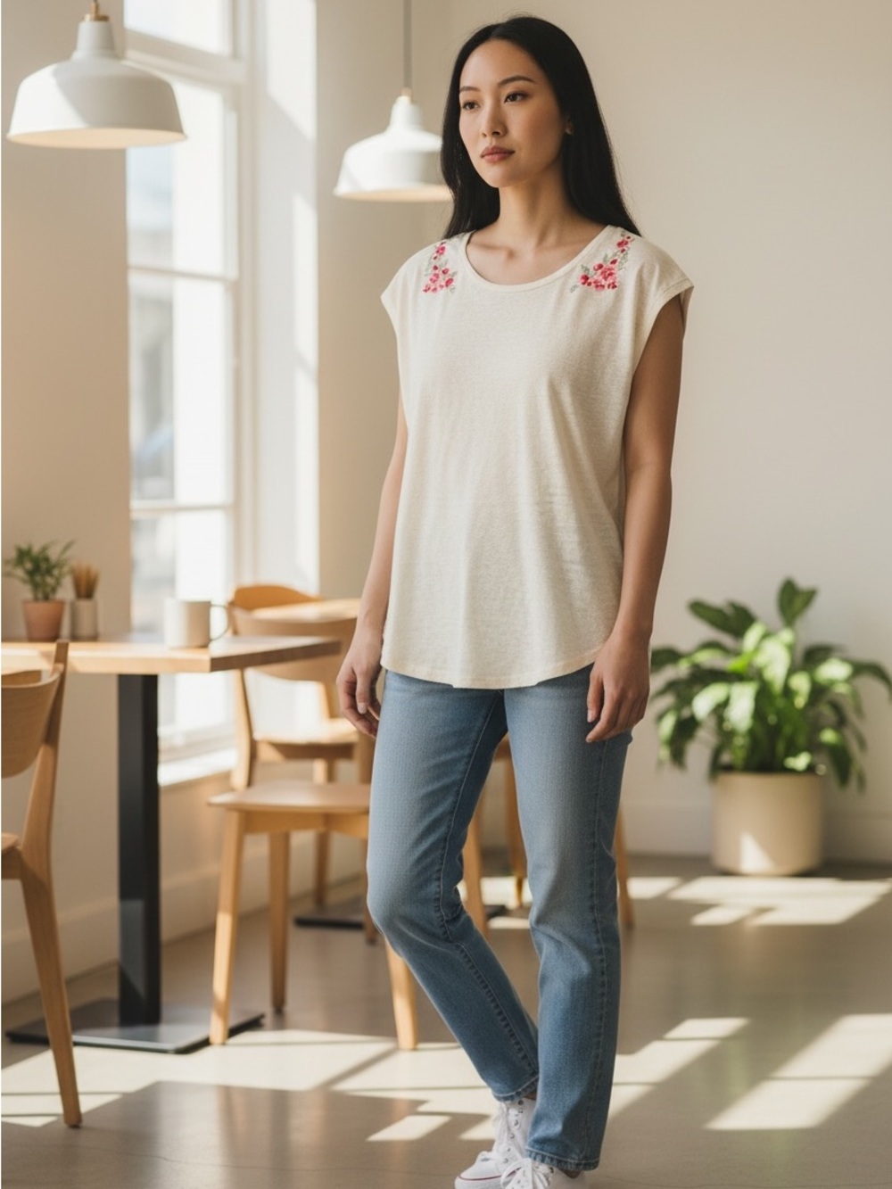 Joie 100 % Linen Embroidered Floral Tee M Ivory Cap Sleeve Quiet Luxury Boho